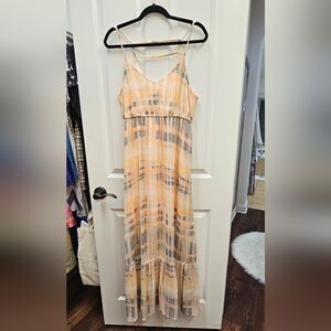 Maurices Peach and Gray Striped Spaghetti Strap Maxi Dress